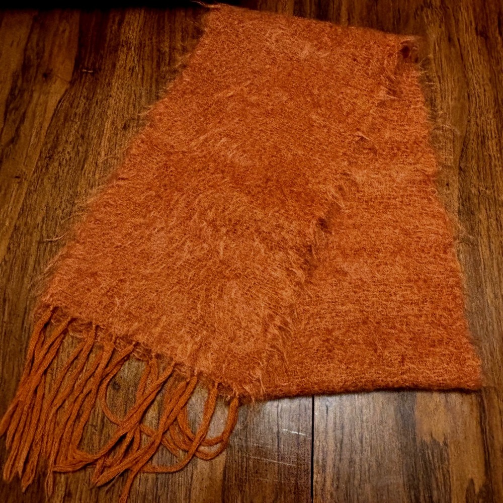 Vintage Rust Orange Hand Woven Fuzzy Mohair Fringe Scarf